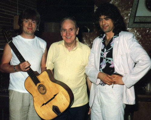 allaboutjonesy:  John Paul Jones, Les Paul, and Jimmy Page pose with one of Django Reindhart’s guita