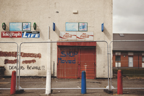 Red, white, and blue in the Shankill, Belfast’s Protestant sector, separated by a 20 ft “peace wall”