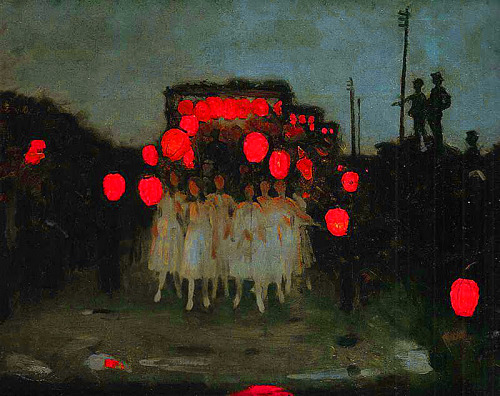 Red/Night Association of:1. The Lantern Parade, 1918, by Thomas Cooper Gotch2. Parthenon, Athens, fr