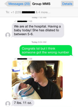 tastefullyoffensive:  Family member texts the wrong number about an incoming baby… wrong number shows up anyway (with gifts). (via phersephoneia) 