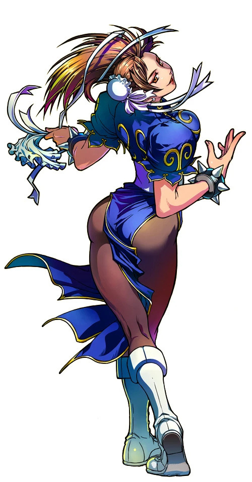 image from "Street Fighter: Mouse Generation" showing Chun-Li in her classic SF2 outfit (Chinese dress) standing with her legs crossed behind her, her butt facing the audience viewpoint and her back bent backwards so we can see the tops of her breasts and her head looking back at us