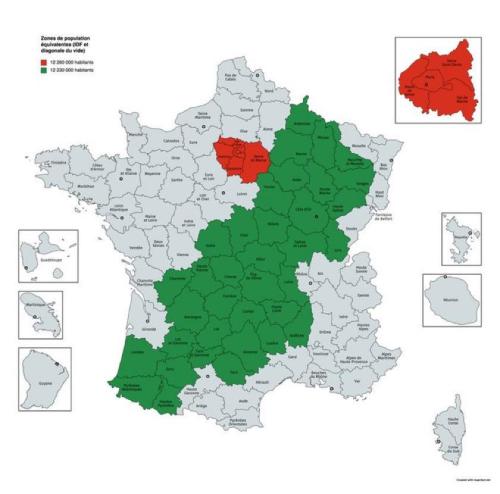 There are the same French population living in the green zone (Empty Diagonal) and in the red zone (Paris Region).
Il y a la même population française vivant en zone verte (Diagonale du Vide) et en zone rouge (Île-de-France).