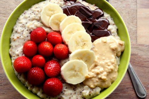 tobefre-ed: Chia seed oatmeal with bananas, strawberries, banana, crunchy peanut butter and melted d