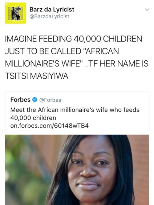 may-the-sporks-be-with-you: weavemama:  TSITSI MASIYIWA EVERYONE This woman is amazing. She literally provided food and water for orphans in Zimbabwe, paid student fees for over 40,000 students, and established a scholarship program that would raise 6.4