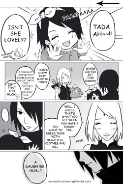 ravenette-autumn-girl:  Daughter.Because even after almost a year has passed, the fact that Uchiha Sasuke has a daughter… a DAUGHTER with Uchiha Sakura still gets me emotional sometimes.
