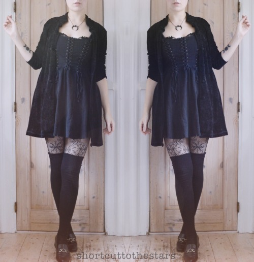 shortcuttothestars:  Studying and writing all day @__@ Examns are coming up…Nekclace from Restyle.plTights from BodylineEverything else is thrifted (brand of dress is 13 cats) 
