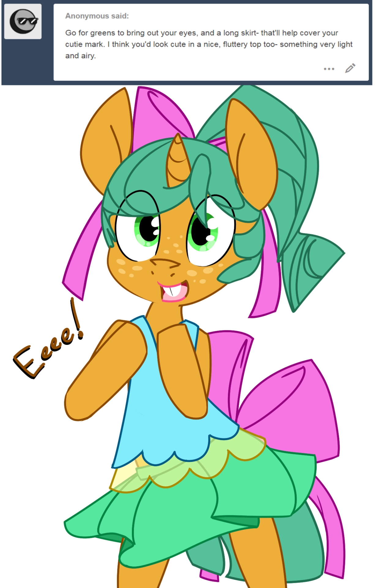 ask-glittershell: Should Glitter wear one of these outfits on the date?   Or maybe