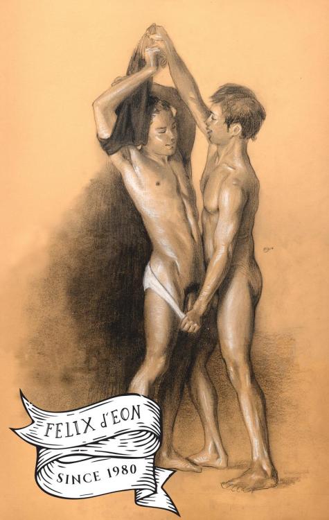 Two young men get ready for love in my drawing “all off.” Available as a print in my ets