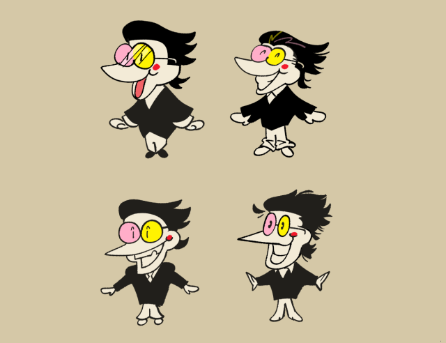 digital drawings of four different designs of spamton. the first design has a more rounded beak and mouth, v-neck black shirt with a white undershirt sleeves showing, and black shoes. the second design is grinning with shown teeth, more detailed hair with dull yellow and pink streaks and sideburns, black shirt with cuts in the sleeves, collared undershirt, white shoes and pants bunched up at the bottom. the third design has simpler hair, a chipped tooth, white tie and shoulder pads suit. the last design has the most detailed hair with a tuft sticking out at his forehead, a pointier beak and hands, and open collar.