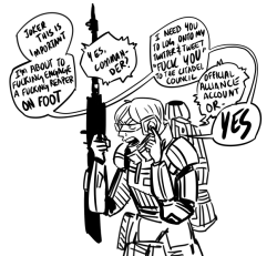 sindri42:sindri42:trelldraws:rannoch probably  I like to think that at some point Shepherd just started livestreaming her missions. Like, on one hand her superiors spent the past three years denying the existence of half the things she fights, and on