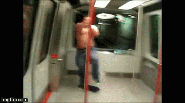 thebigbearcave:  drunk half-naked bulljock goes wild on the train.  let’s lasso