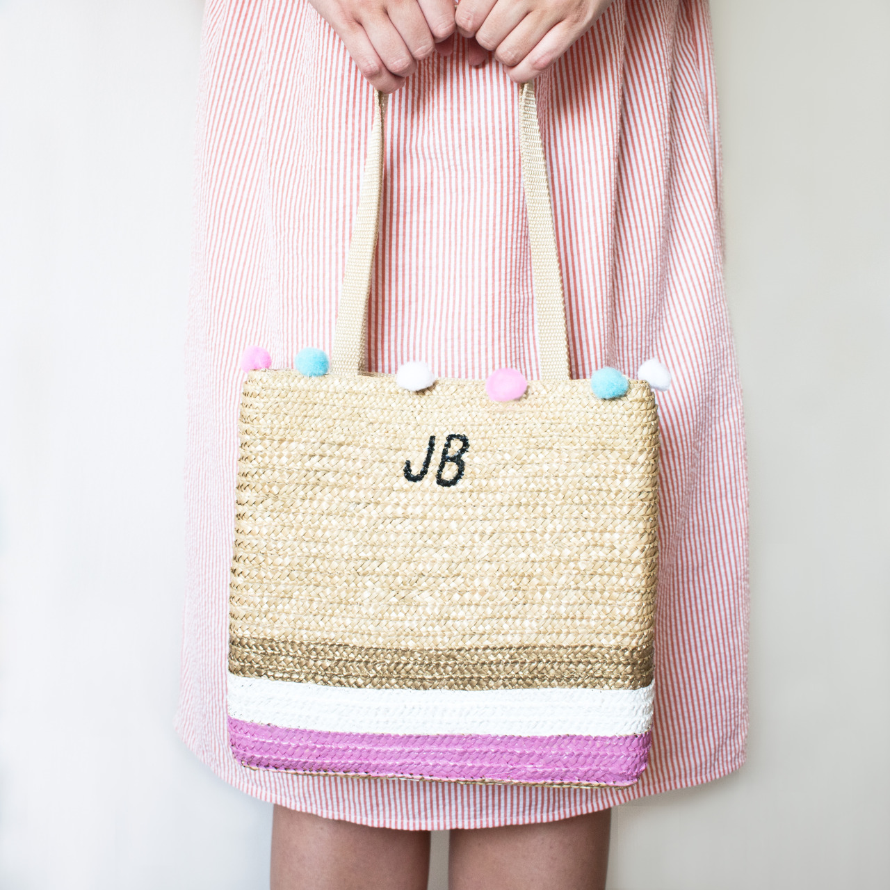 personalised pom pom beach bag