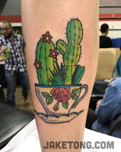Some #cactus in a #cute lil #teacup for Monika. Done at the #Chicago #tattoo #convention. Thanks Mon