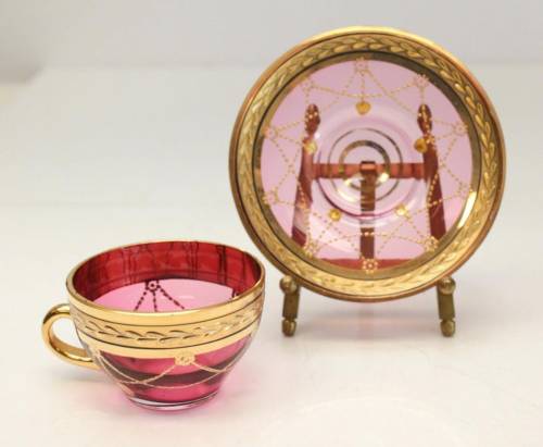 designobjectory:Bohemian Cranberry red and gilt glass tea service for 6, circa 1970. Gilt gadroon sw