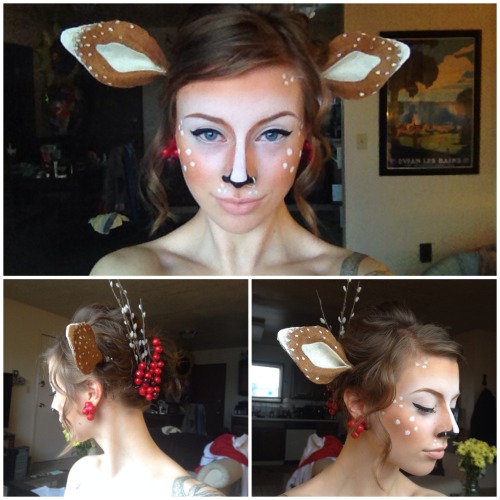 diyhoard:  Halloween Idea: Fawn Makeup! Contour your face with a shade 2-3 times darker than your skin tone. Highlight your nose and around your eyes. With body paint or white makeup, draw dots on your cheeks and around your face. Don’t forget some