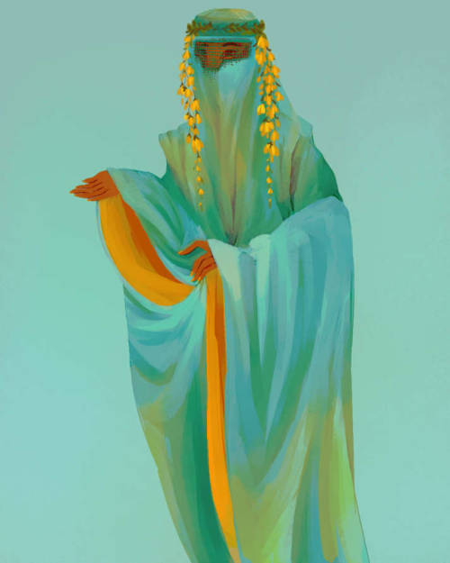 [image id: An illustration of a figure standing, facing forward in a turquoise and light blue burqa,