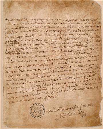 Love letter from Henry VIII to Anne Boleyn, 1527. Written in French, the letter promises that he wou