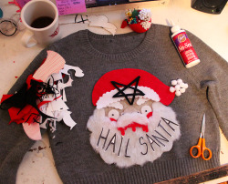 loveandasandwich:  Currently trying to put together a Kickstarter to get printed sweaters  of my Hail Santa sweater made for the holidays.  Also going to offer a  small amount of ones made by hand on knitted sweaters.  Thinking of offering buttons and