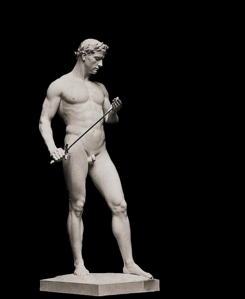 Male Nude Examining a Sword. c.1900. Fritz Heinemann German 1864-1932. plaster.    