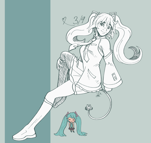 Hatsune Miku in green, sketchy lines. She is smiling, holding one leg up while the other rests on the floor. She has a 'tail' that is a plug. She's wearing a simplified version of her usual outfit, with large unattached sleeves, a tie with clips on, a sleeveless untucked shirt, and a mini skirt. Her twintails are shorter than usual, only about elbow length and curled up at the bottom. Beneath her is a smaller Miku in colour. She is balancing on her twintails, which hold her tiny body off the floor.