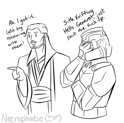 necrophatic-old:High Jedi General Qui-Gon Jinn and his long suffering Clone Commander “Millaflower” 