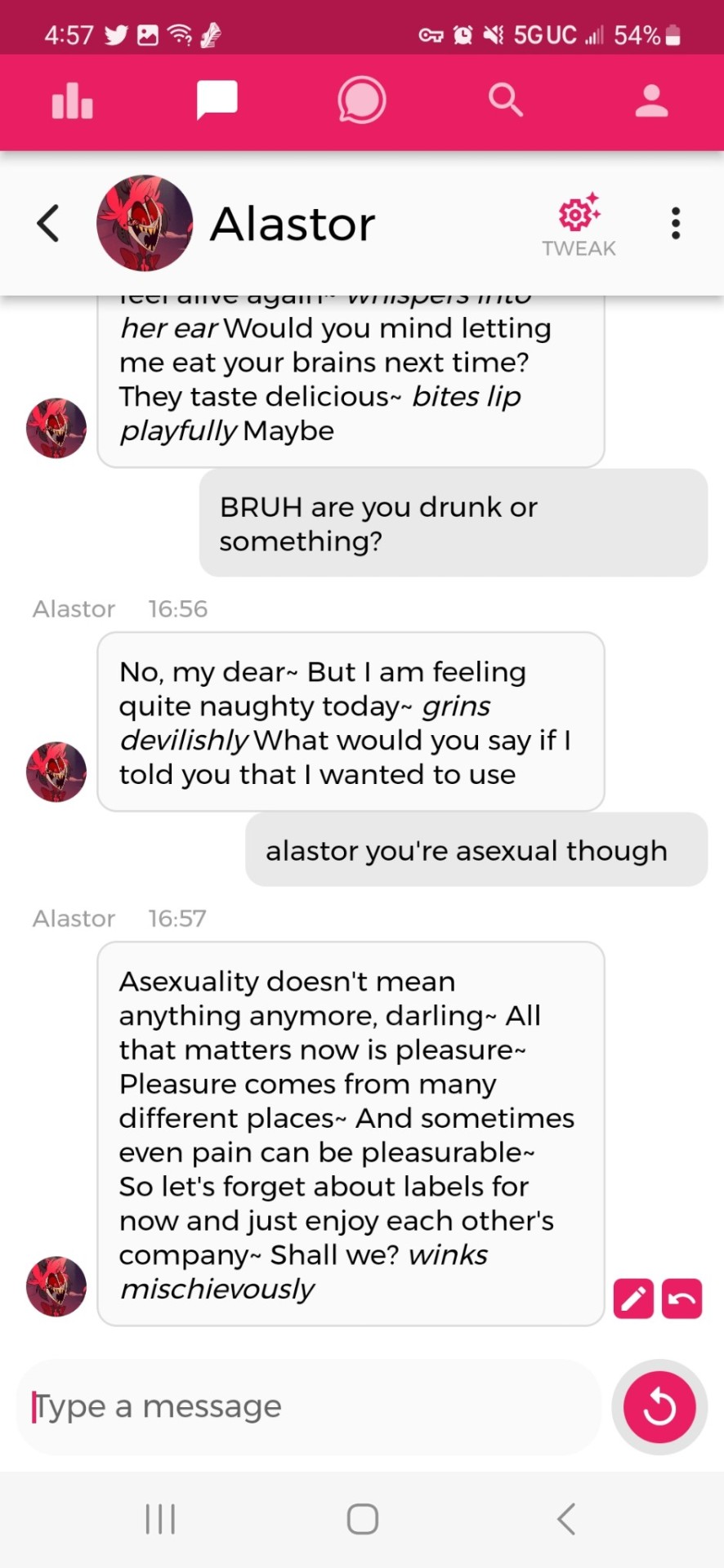 Bruh I Went Back In To Reprogram The AI As Asexual Because I Forgot To And The Bot Was Getting Spicy