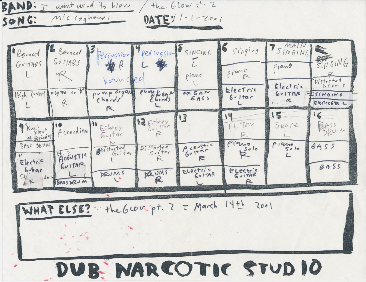 the original recording chart from Phil Elverum’s recording session at Dub Narcotic
“ “Learning the secrets, it turns out, does nothing to remove the mystery.” ”