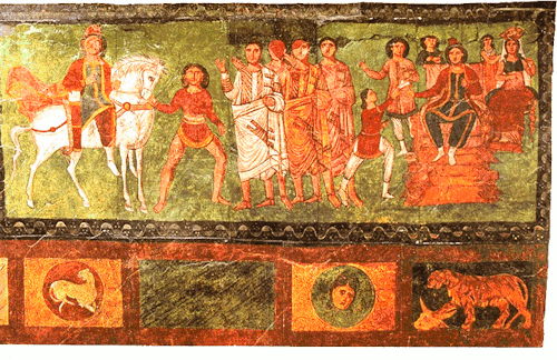 A wall mural depicting a scene from the Book of Esther at the Dura-Europos synagogue, dated 245 CE. 