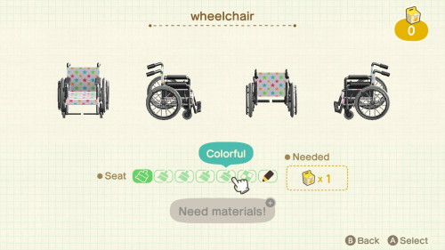 Item: wheelchair# of customizations: 6Customization names: blue, red plaid, green plaid, beige, colo