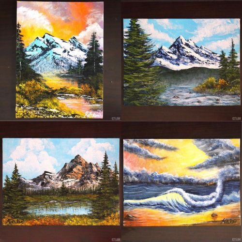 Collection of Bob Ross Paintings I recently worked on. Love these pieces, they are so dear to me. .