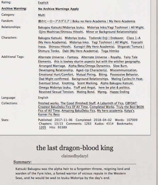 Screenshot of AO3 fic the last dragon-blood king