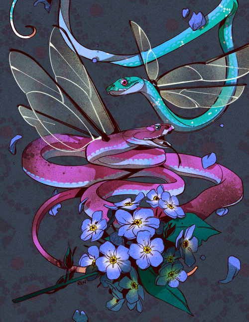 Wild jewel-like snakes with delicate dragonfly wings! Another commission piece for @forthrightly