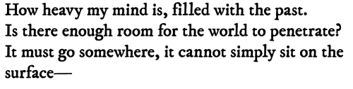 louisegluck:  Louise Glück, from “Autumn.”[Text ID: “How heavy my mind is, filled with the past. Is there enough room for the world to penetrate? It must go somewhere, it cannot simply sit on the surface—”]