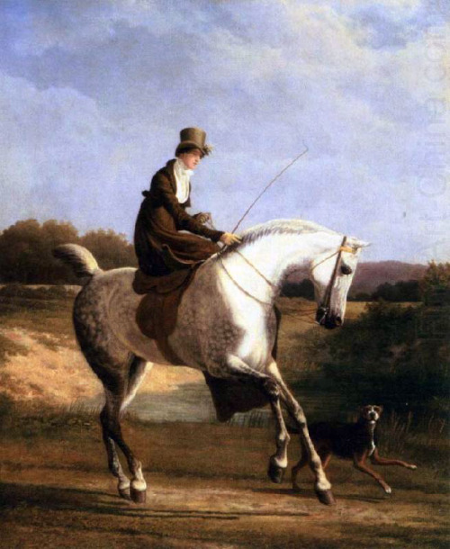 Jacques-Laurent Agasse:Emma Powles on her Grey Hunter accompanied by her spaniel in a river landscap