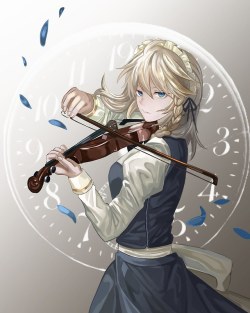 Anime girl Sakuya Izayoi playing violin: Touhou Project fan art [Artist: Reki (user rcrd4534)]