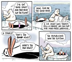 cartoonpolitics:  &ldquo;The world is on course to experience ‘severe and pervasive’ negative impacts from climate change unless it takes rapid action to slash its greenhouse gas emissions, a major UN report is expected to warn on Sunday.&rdquo; ..