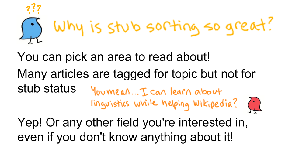 Guide to Linguistics Stub Sorting on Wikipedia Have you wanted to get in on the #lingwiki editing fun but you don’t know much about linguistics? Editors often look through lists of stubs to find articles to edit, so stub sorting helps get these...