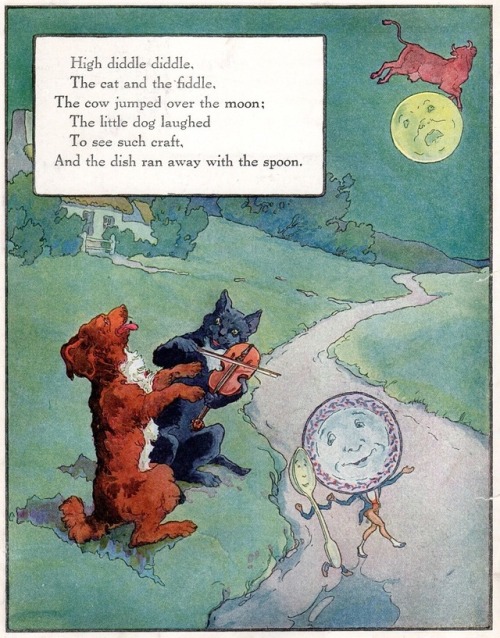 High diddle diddle,The cat and the fiddle,The cow jumped over the moon;The little dog laughedTo see 
