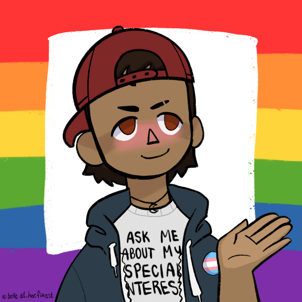 IMAGE ID: Apollo Justice made with the Cool Kid Maker Picrew. He has short brown hair and light skin. He is wearing a white t-shirt which says "Ask me about my special interests", with a blue zipped hoodie. He is also wearing a red baseball cap backwards. He has a trans pride pin on the open hoodie, and is standing in front of a six stripe rainbow flag.