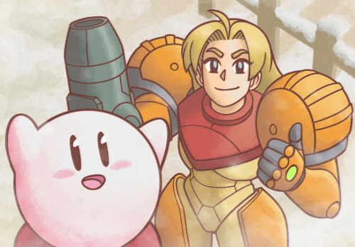 Kirby and Samus in Kirby’s Dreamland 3, which has a Metroid crossover level 