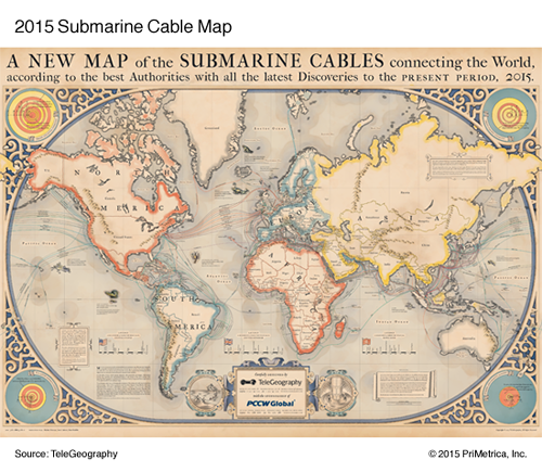 The 2015 Submarine Cable Map has arrived! This year’s map pays tribute to the pioneering mapmakers of the Age of Discovery, with elements of medieval and renaissance cartography. The design is vintage but the data are fresh: the map depicts 299...