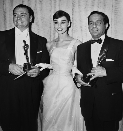 foreverlovingaudrey:  Audrey Hepburn at the 28th Academy Awards with two “Marty”