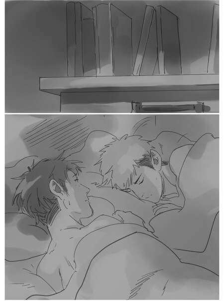 kaa-05n2:  It’s nearly dawn when they both finally give into sleep, Marco’s lips pressed against Jean’s temple as he snores softly, fingers linked together and resting on Jean’s chest.  Just as Marco’s on the verge of full unconsciousness, though,