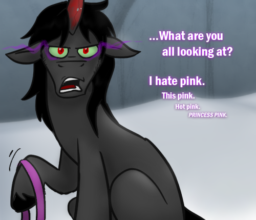 ask-king-sombra:  Let’s move to a different location. This one is getting stale.  Gee, wonder what he has against pink…~ <w<