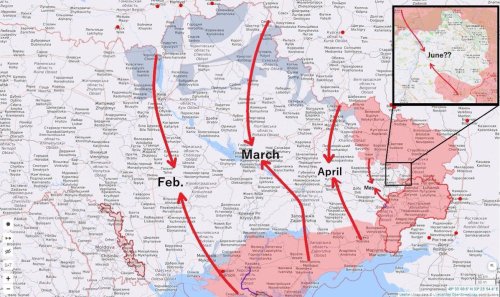 mapsontheweb: Simplified map of decreasing Russian objectives in Ukraine.