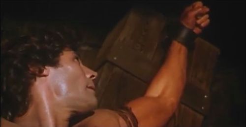 Throne of Fire (1983) aka Il trono di fuoco A shirtless and restrained hunk (Pietro Torrisi).
