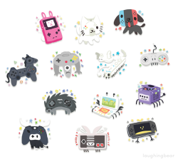 laughingbear: all the console critters I’ve made so far!! &gt;:3 gamebun,  dreamcat, switch puppy, creepy ghost 64, wii fairy and centiscorpion,  SNES friend, sony pony, hedgenesishog, 3DScrab, gamecube spider,  oxbox, NESbug, and PSP birb I reposted