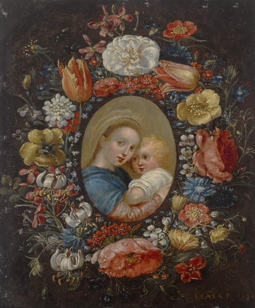 pintoras:Clara Peeters (Flemish, 1584 - 1657): Madonna and child within a floral wreath (1621) (via 