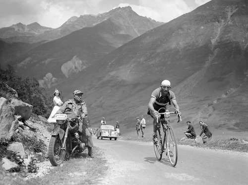 classicvintagecycling:Gino Bartali climbing in the Pyrenees on his way to winning stage 11 of the To