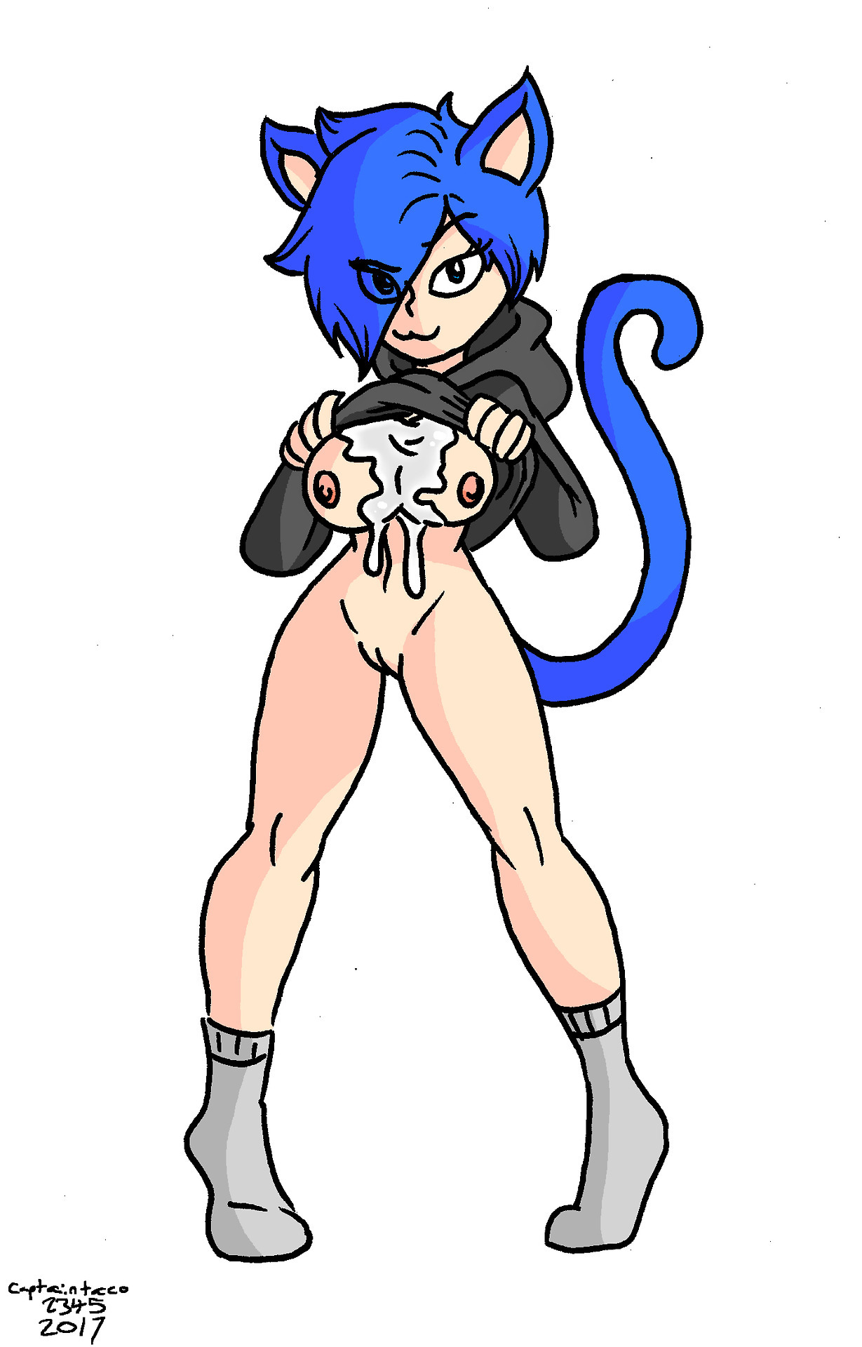 A blue-haired catgirl exposing her cum-covered boobies. 